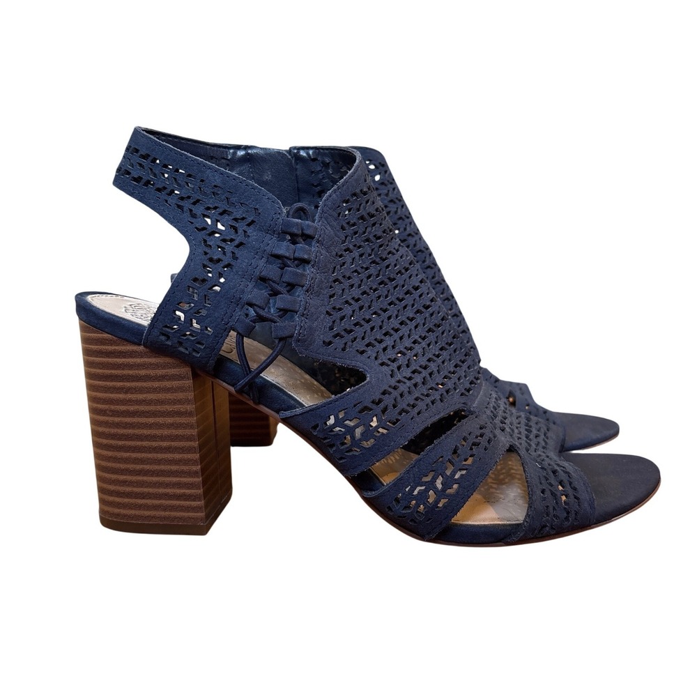 Vince Camuto Brindita Sandals Women Blue‎ Perforated Block Heel SIZE 8.5